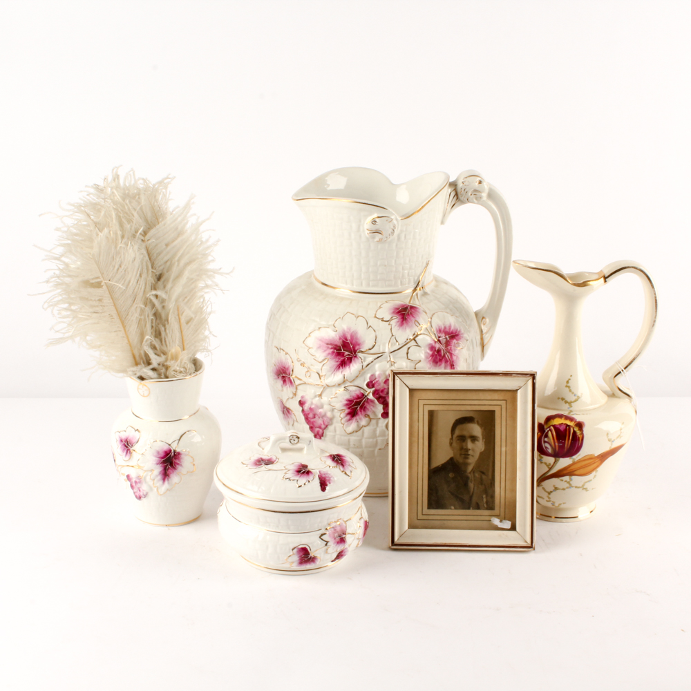 Vintage Porcelain Dresser Decor with Ostrich Feather Fan and Framed Photograph