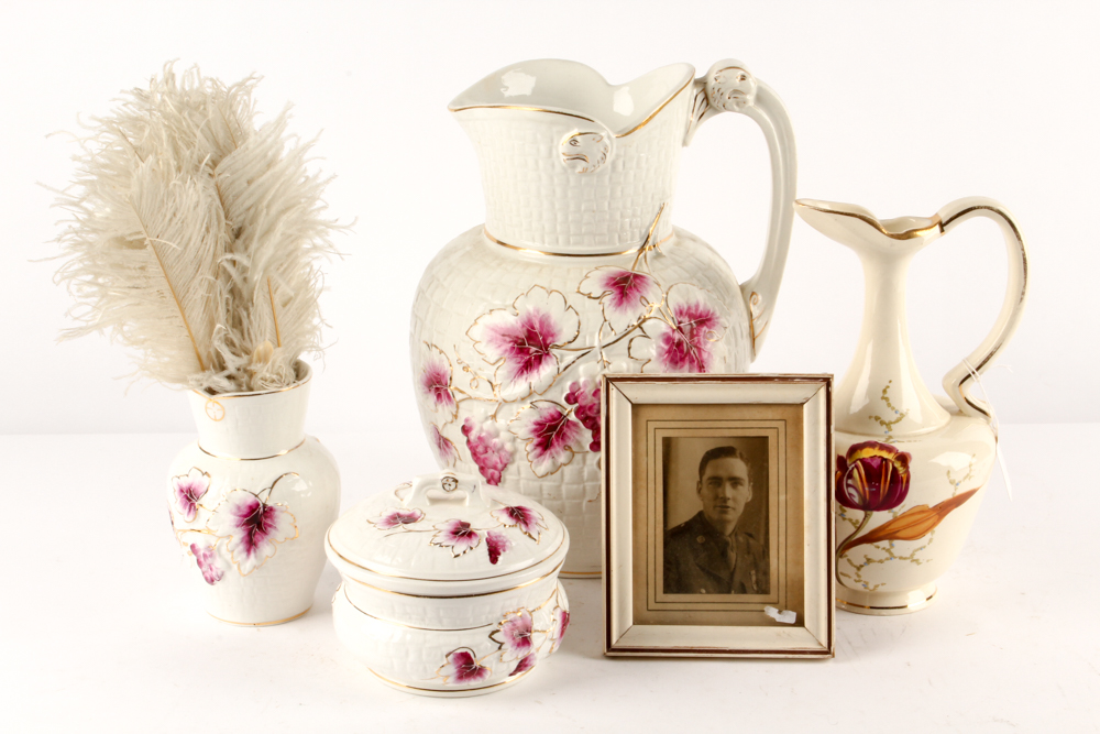 Vintage Porcelain Dresser Decor with Ostrich Feather Fan and Framed Photograph