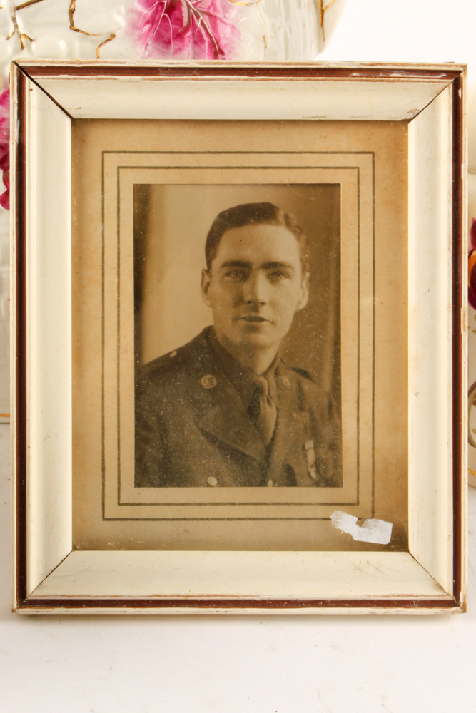 Vintage Porcelain Dresser Decor with Ostrich Feather Fan and Framed Photograph