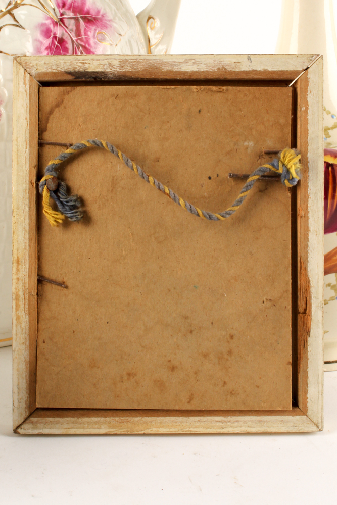 Vintage Porcelain Dresser Decor with Ostrich Feather Fan and Framed Photograph