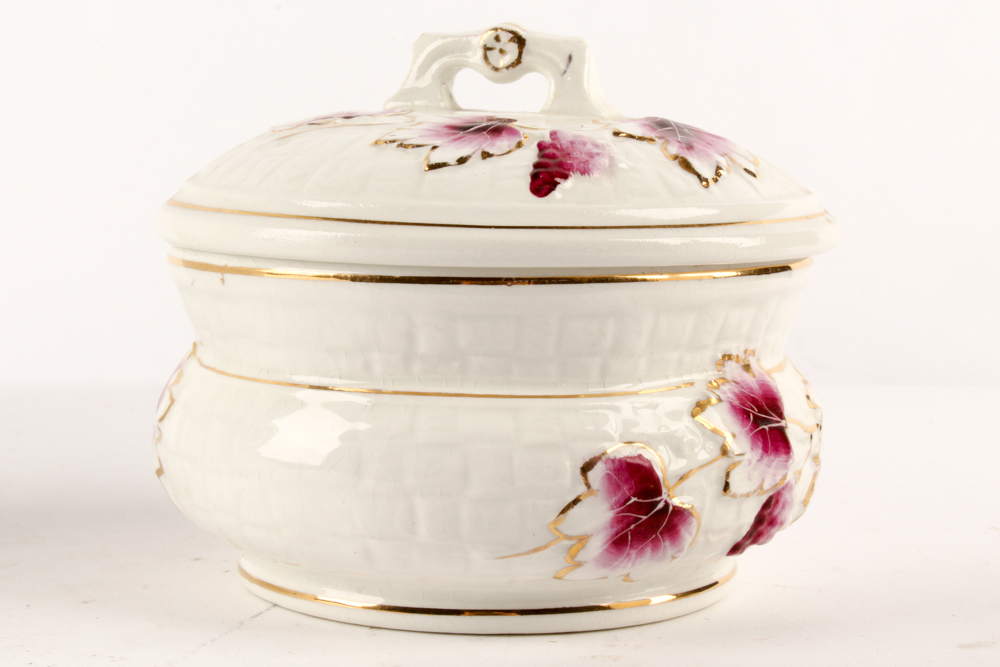 Vintage Porcelain Dresser Decor with Ostrich Feather Fan and Framed Photograph