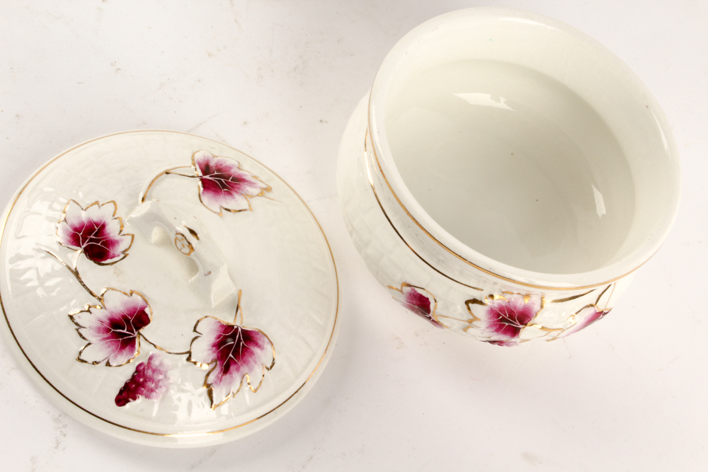 Vintage Porcelain Dresser Decor with Ostrich Feather Fan and Framed Photograph