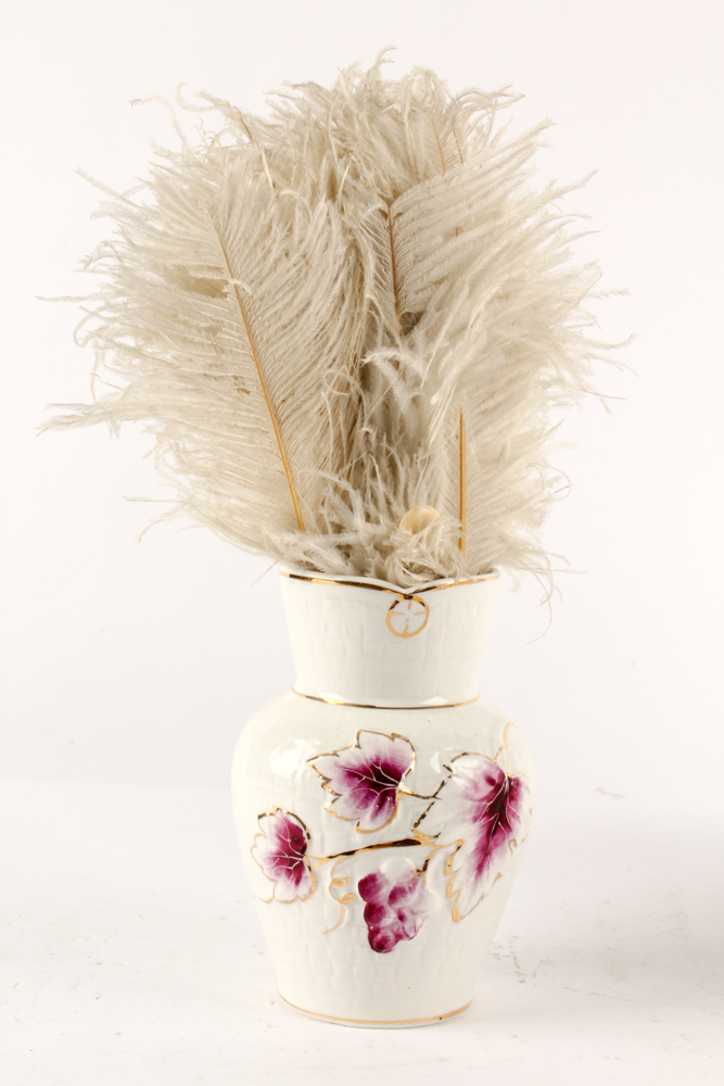 Vintage Porcelain Dresser Decor with Ostrich Feather Fan and Framed Photograph