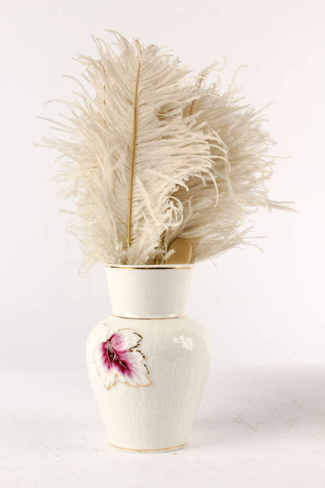 Vintage Porcelain Dresser Decor with Ostrich Feather Fan and Framed Photograph