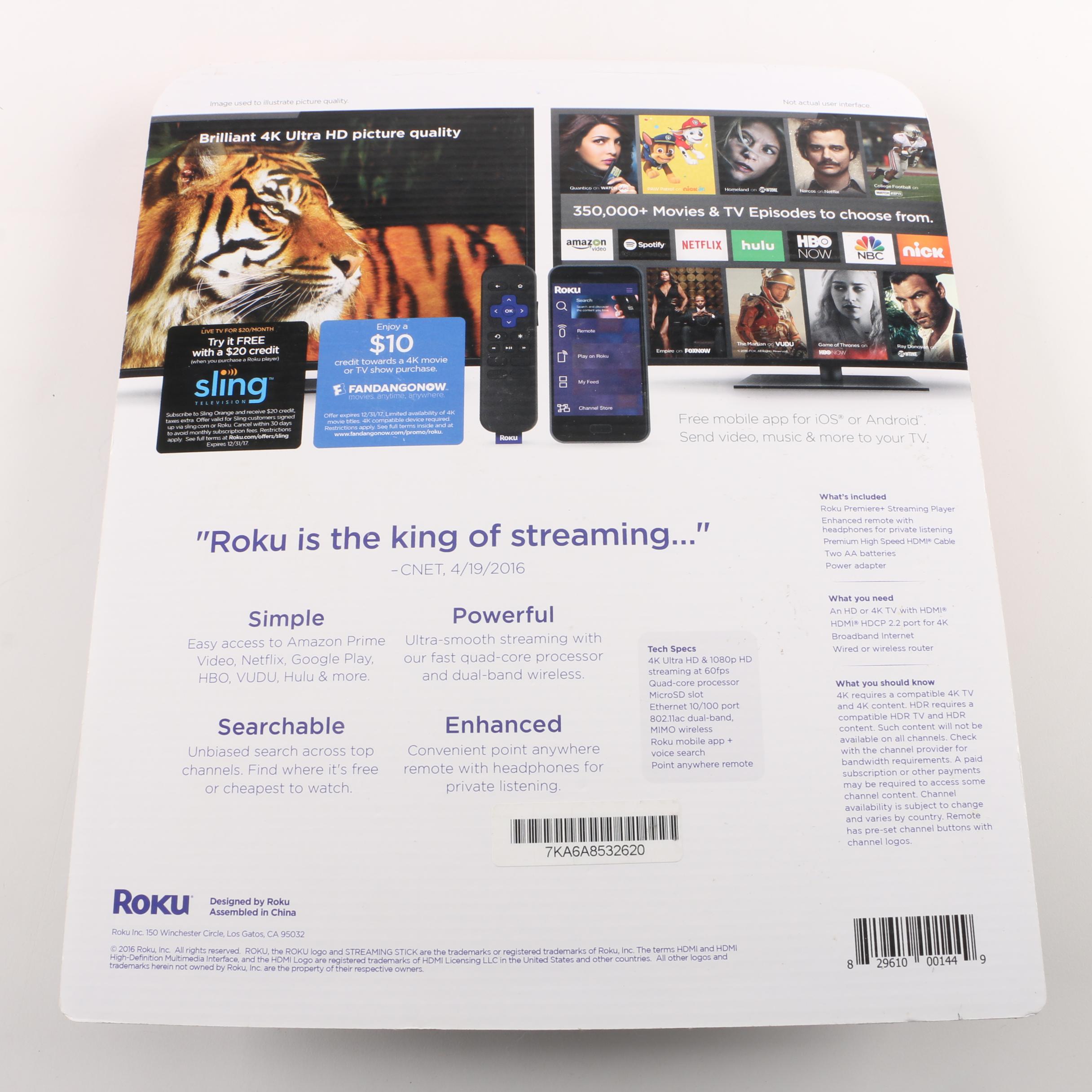 Roku Premiere+ 4K HDR Streaming Media Player