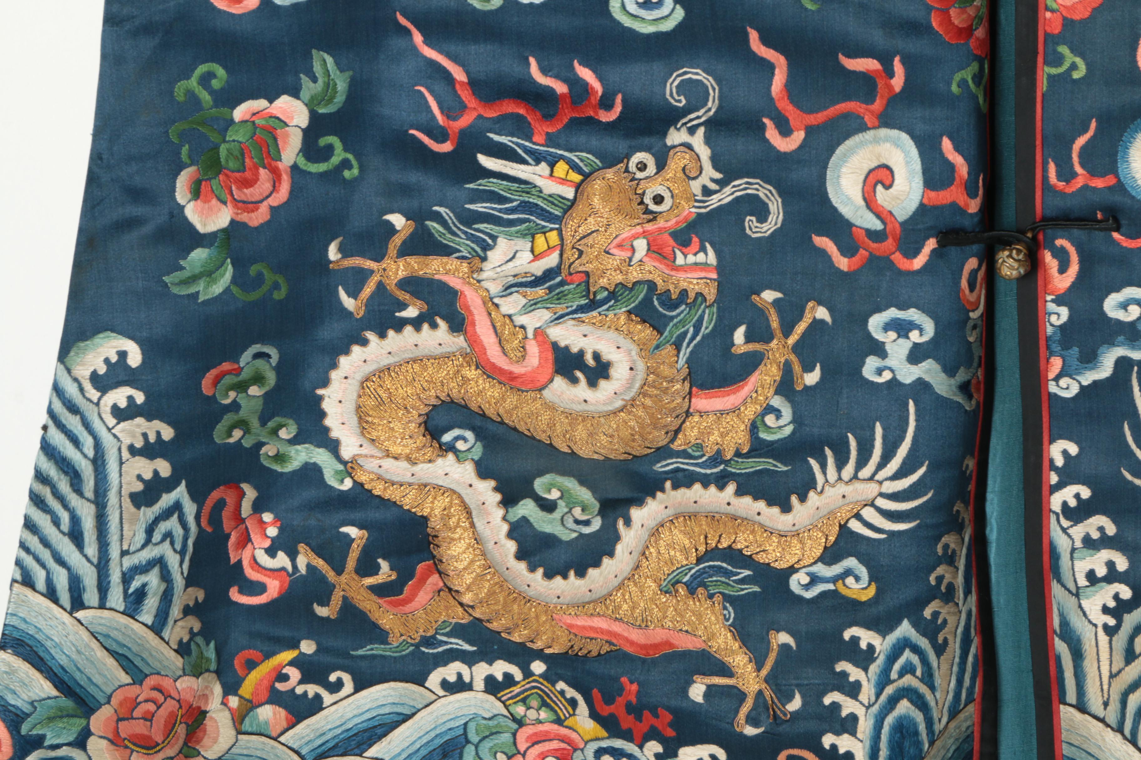 Women's Late Qing Dynasty Chinese Hand-Embroidered Silk Dragon Robe