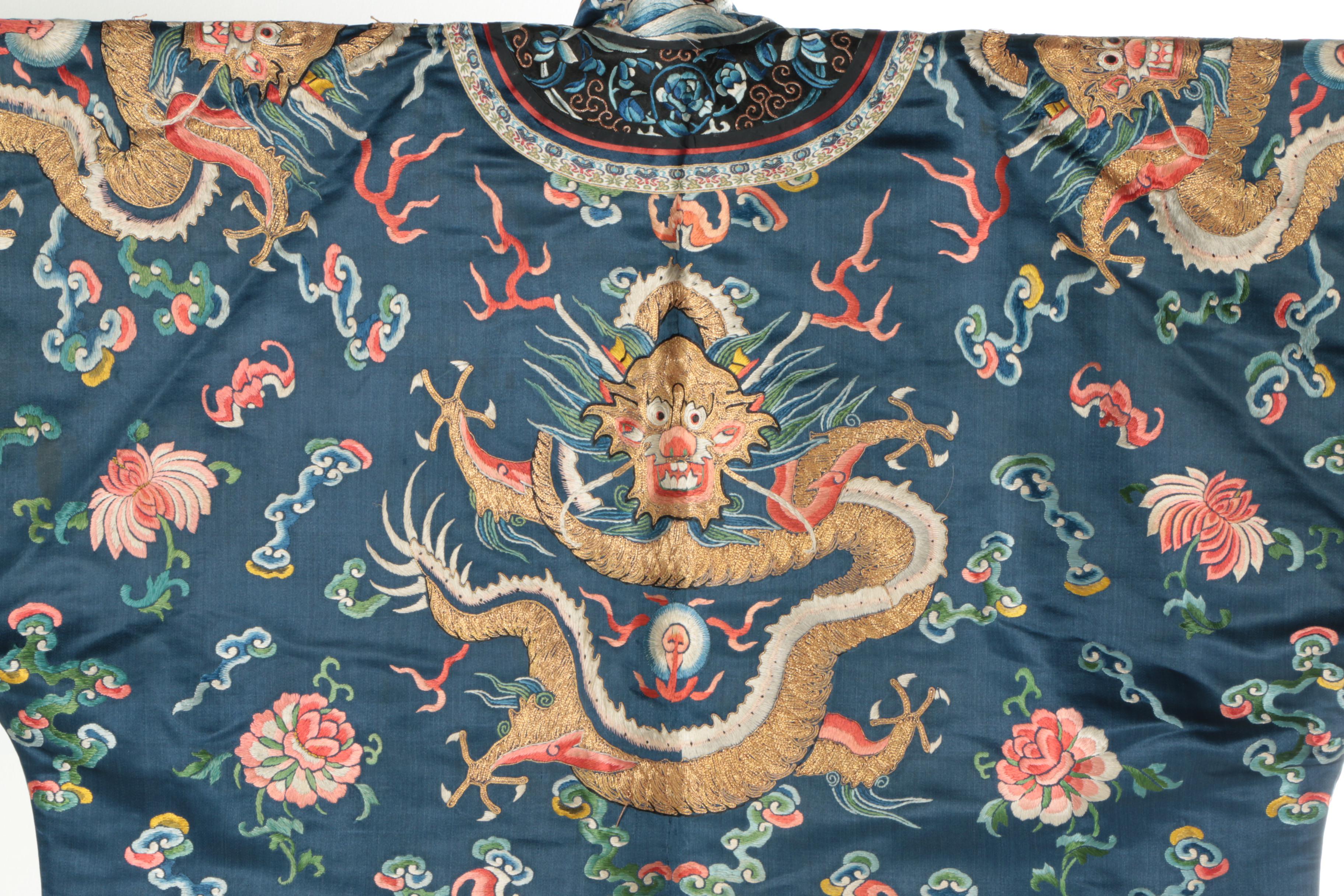Women's Late Qing Dynasty Chinese Hand-Embroidered Silk Dragon Robe