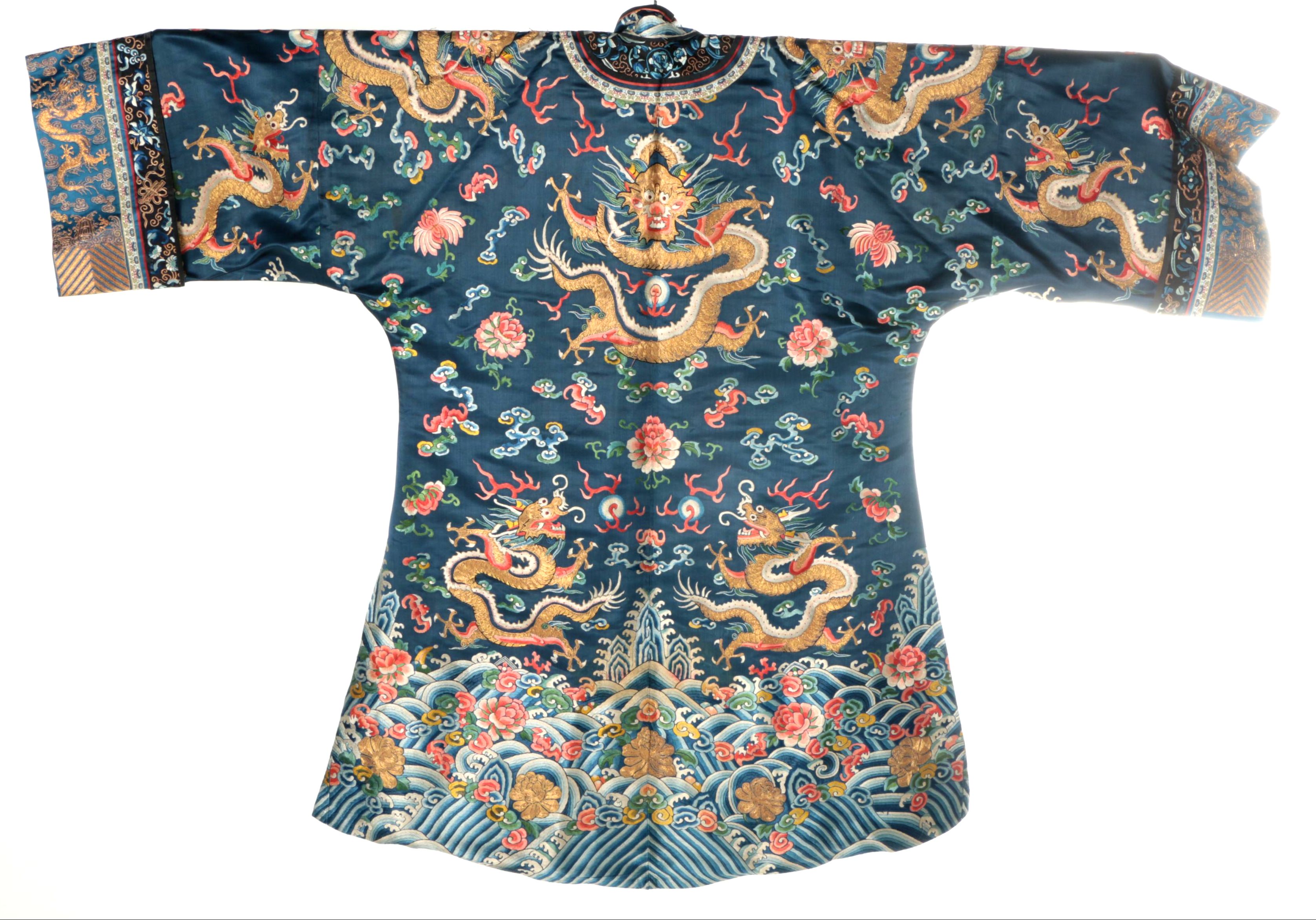 Women's Late Qing Dynasty Chinese Hand-Embroidered Silk Dragon Robe