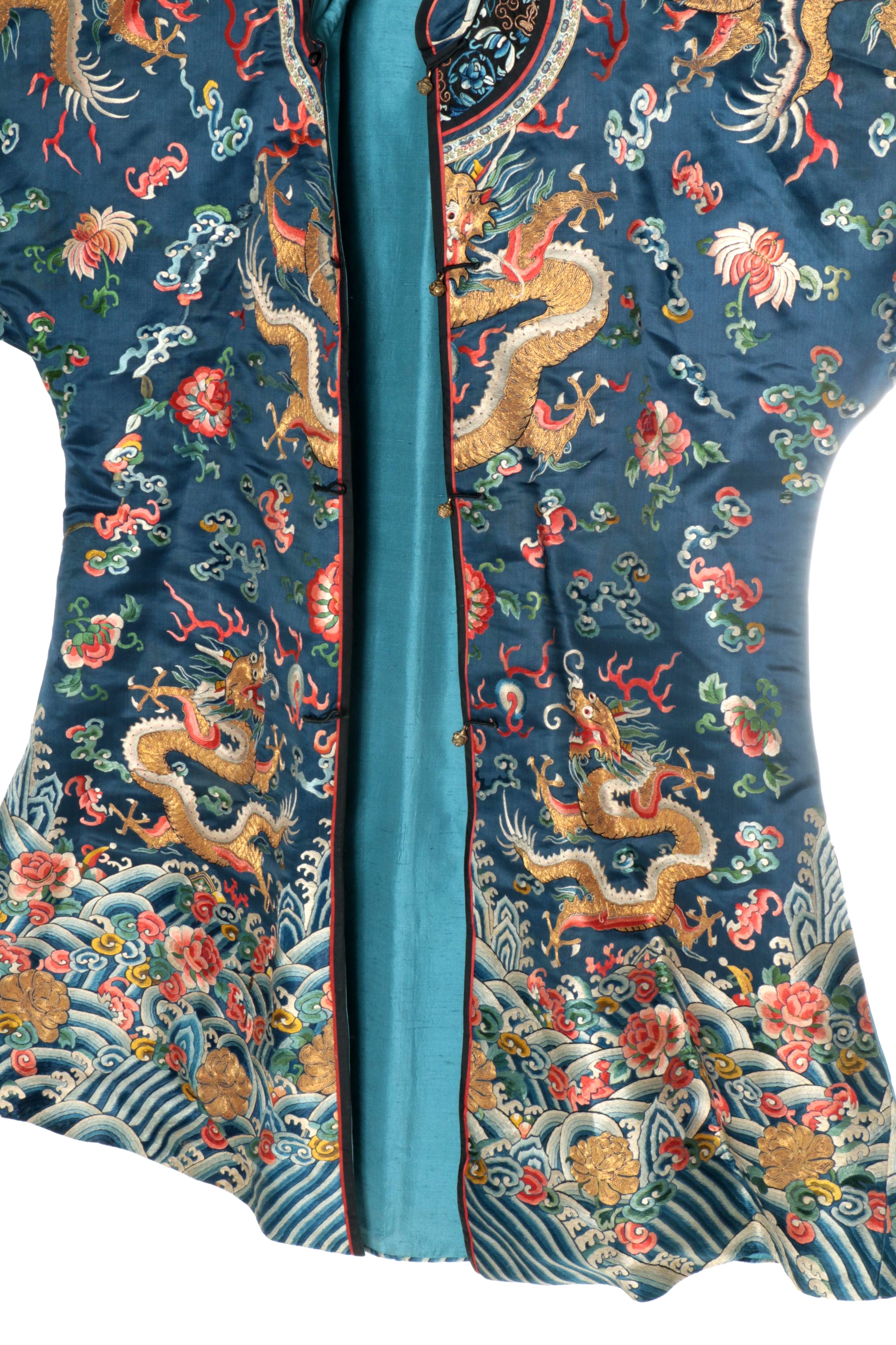 Women's Late Qing Dynasty Chinese Hand-Embroidered Silk Dragon Robe