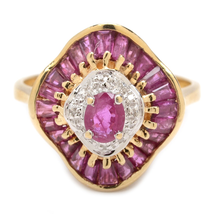 14K Yellow Gold Ruby and Diamond Cluster Ring