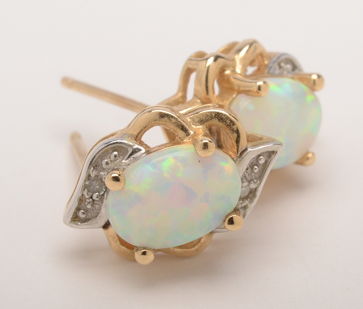10K Yellow Gold Synthetic Opal and Diamond Earrings