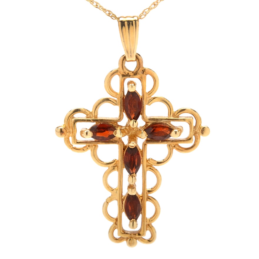 14K Yellow Gold Garnet Cross Pendant Necklace