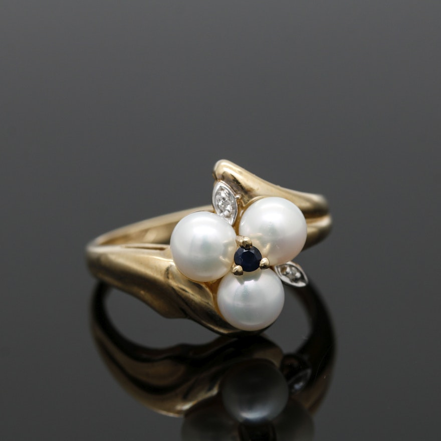 10K Yellow Gold Sapphire and Cultured Pearl Floral Ring with Diamond Accents
