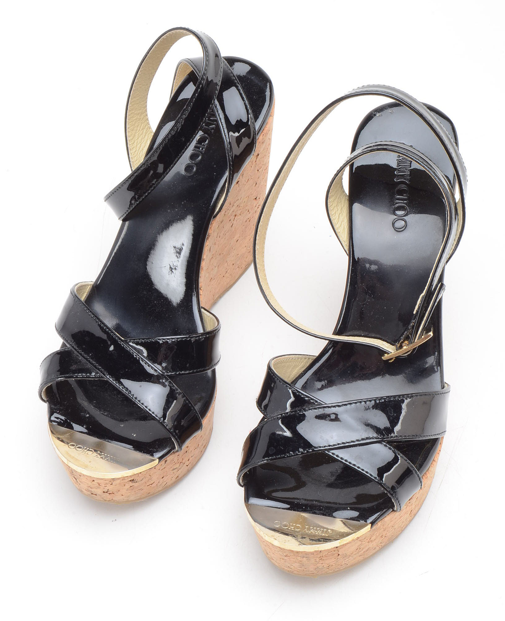 Jimmy Choo Papyrus Patent Leather Sandals With Cork Heels