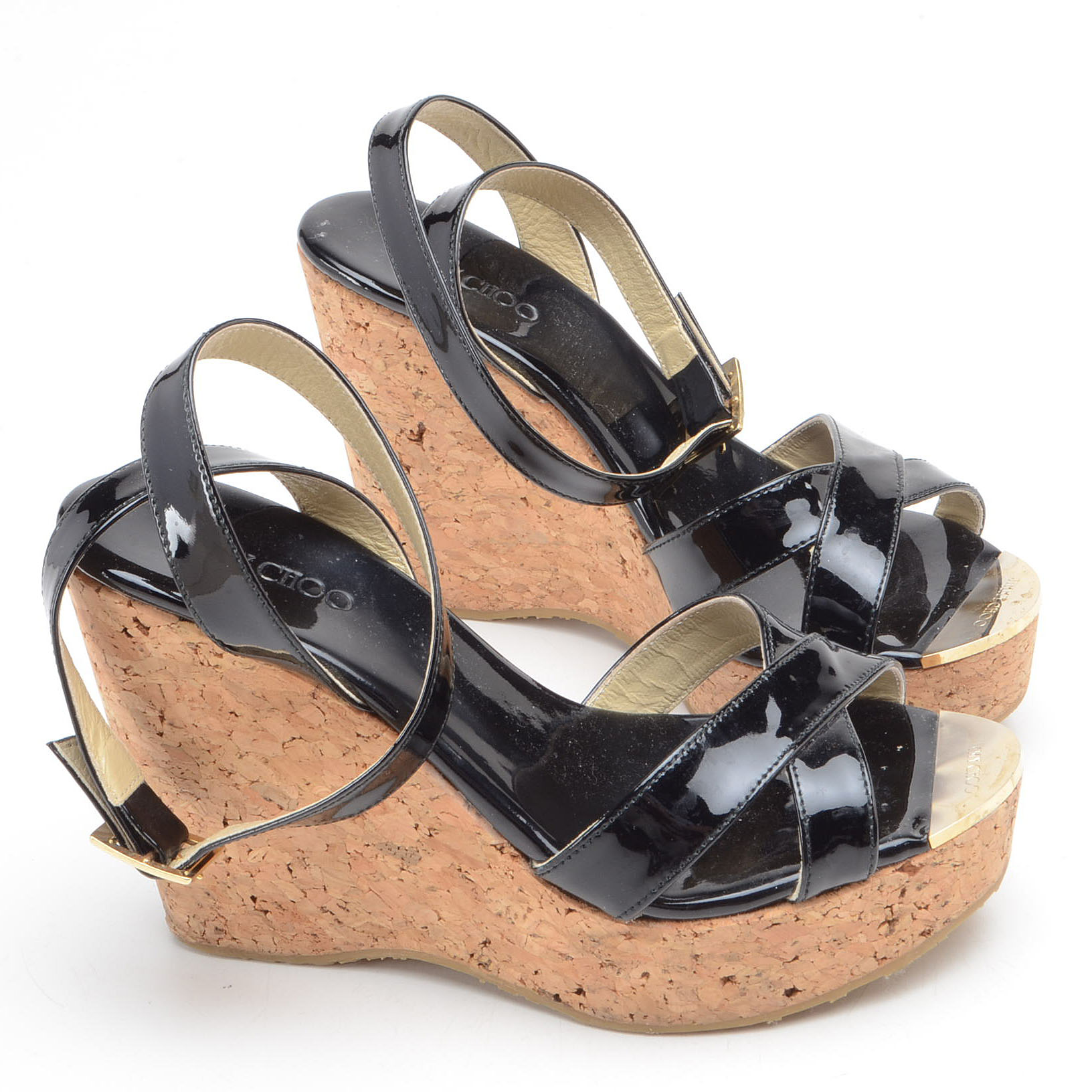 Jimmy Choo Papyrus Patent Leather Sandals With Cork Heels