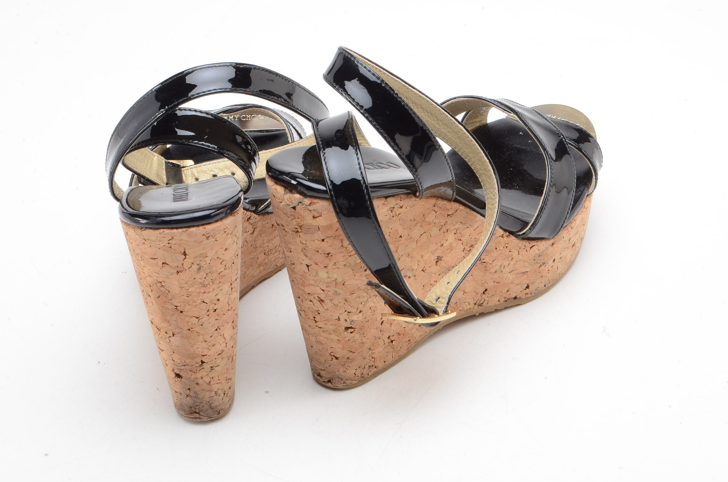 Jimmy Choo Papyrus Patent Leather Sandals With Cork Heels