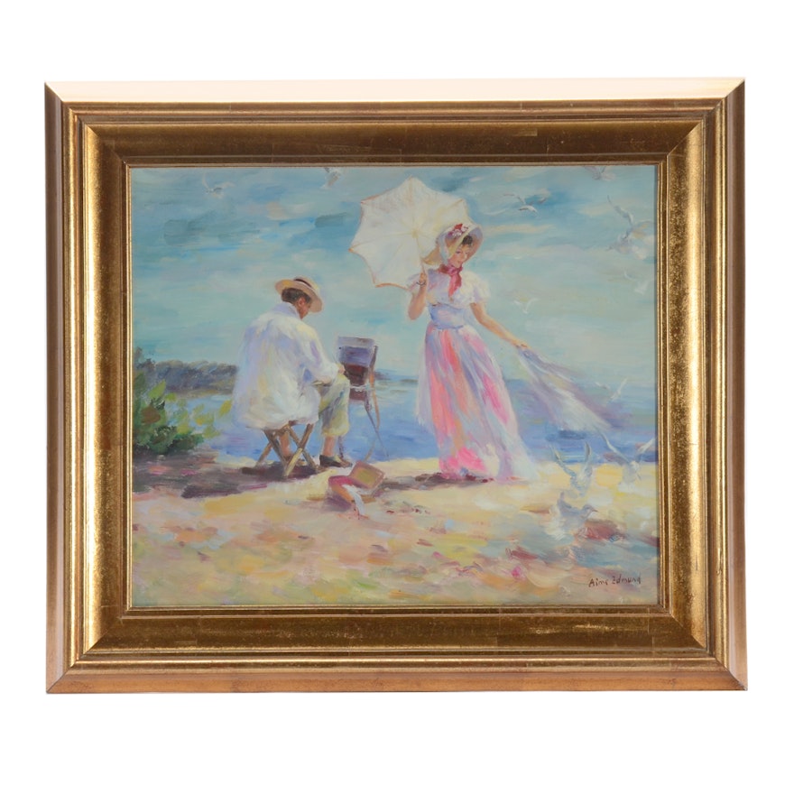 Aimé Edmund Original Oil Painting of a Couple on the Beach