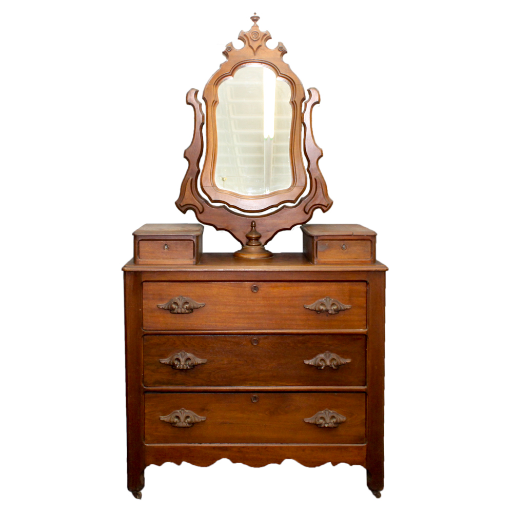 Victorian Walnut Dresser with Wishbone Mirror
