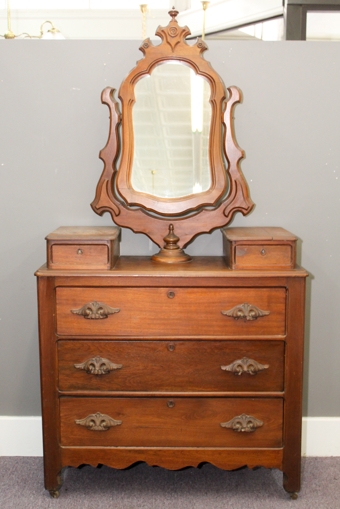 Victorian Walnut Dresser with Wishbone Mirror