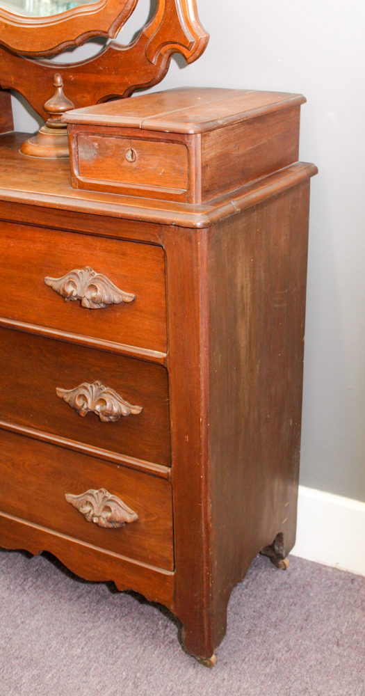 Victorian Walnut Dresser with Wishbone Mirror