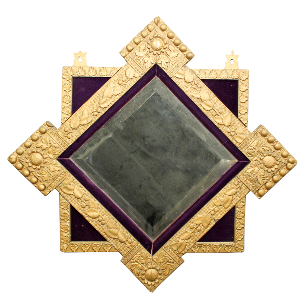 Antique Gilded Wood and Gesso Wall Mirror with Velvet Trim