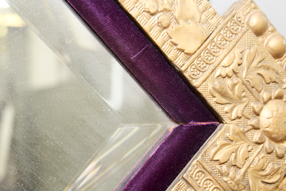 Antique Gilded Wood and Gesso Wall Mirror with Velvet Trim