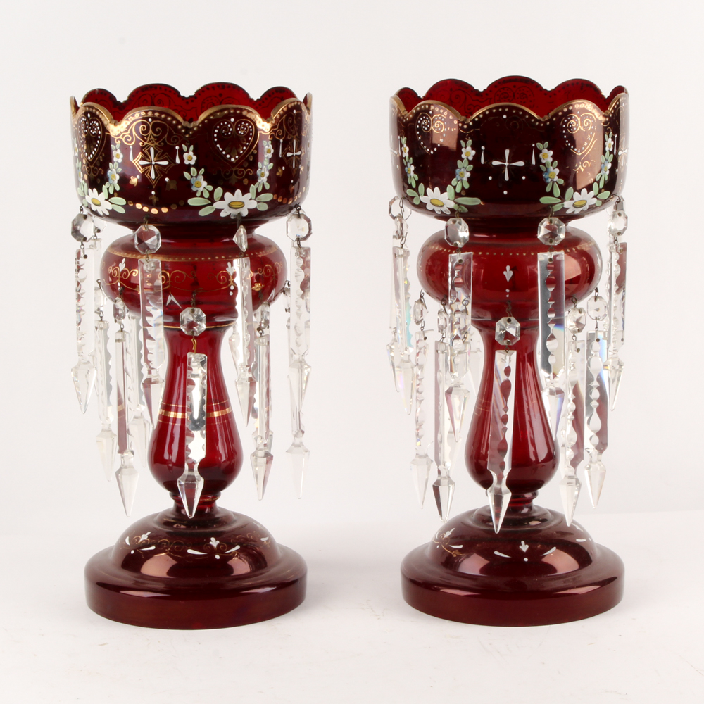 Antique Hand-Painted Bohemian Glass Mantel Lustres