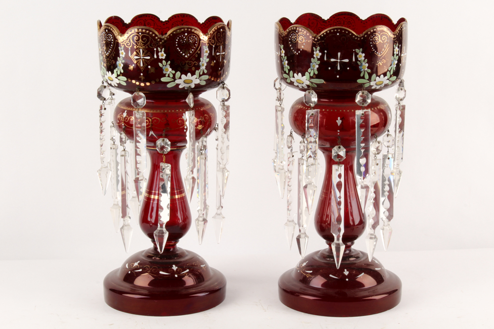 Antique Hand-Painted Bohemian Glass Mantel Lustres