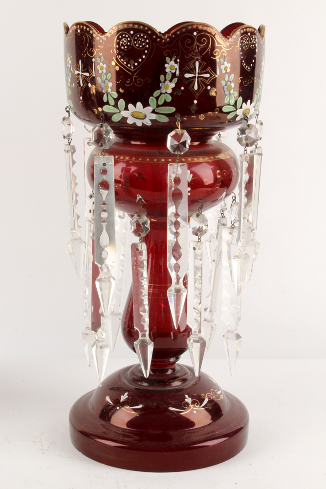 Antique Hand-Painted Bohemian Glass Mantel Lustres