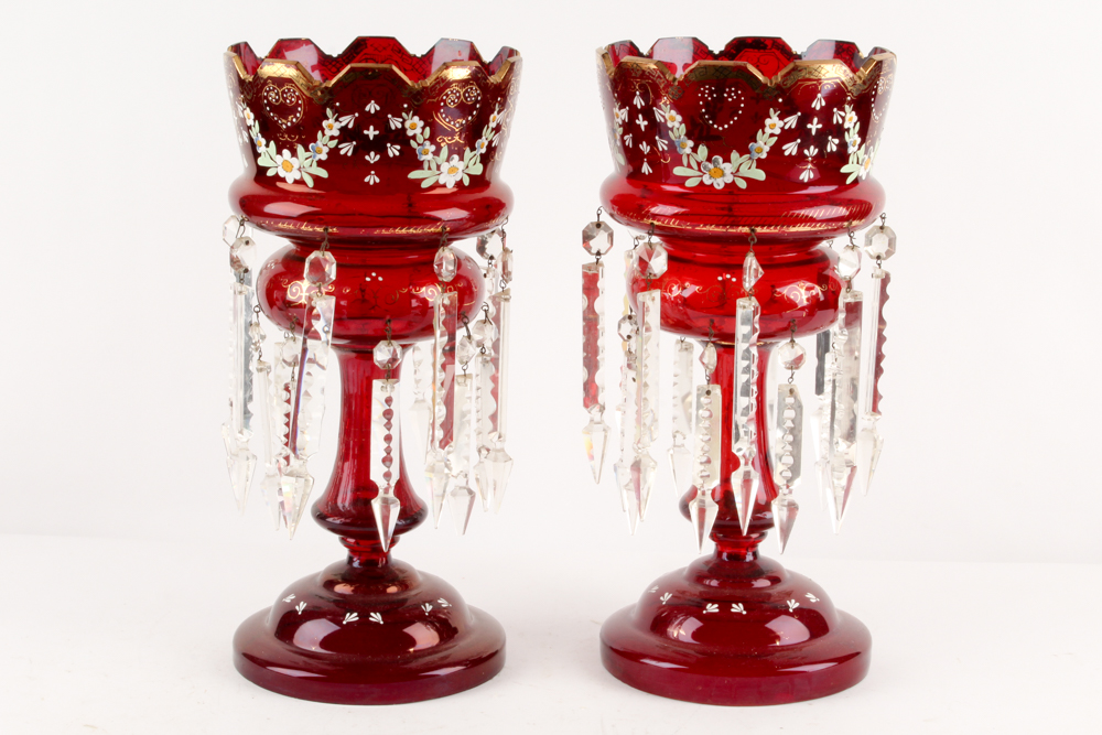 Antique Hand-Painted Bohemian Ruby Glass Mantel Lustres