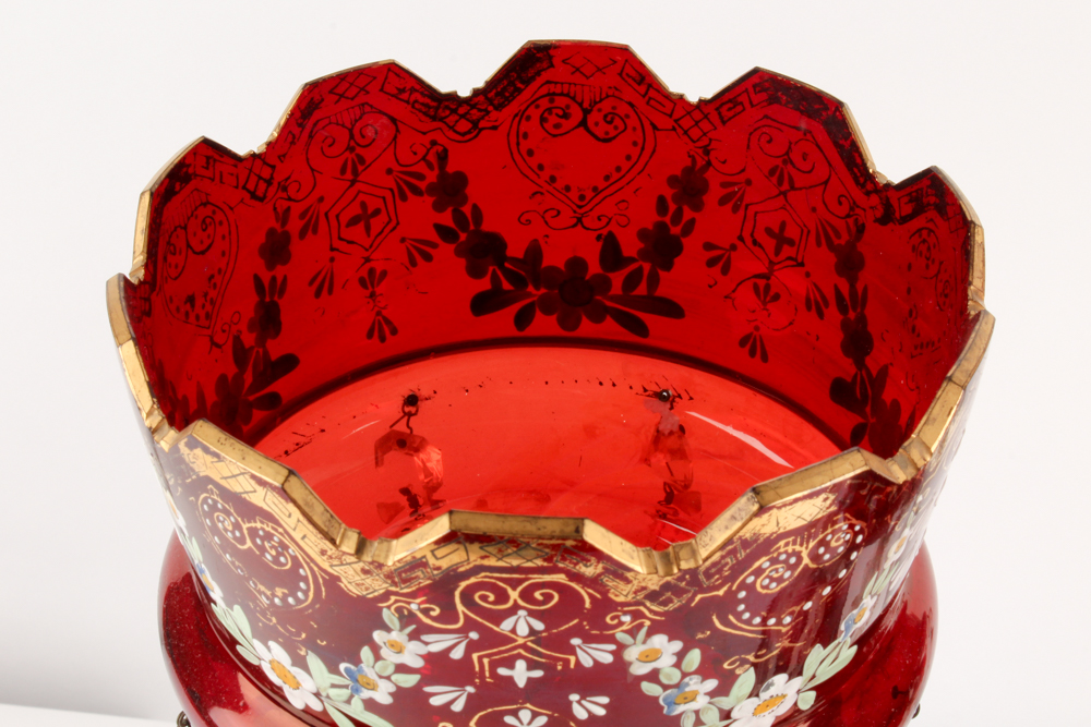 Antique Hand-Painted Bohemian Ruby Glass Mantel Lustres