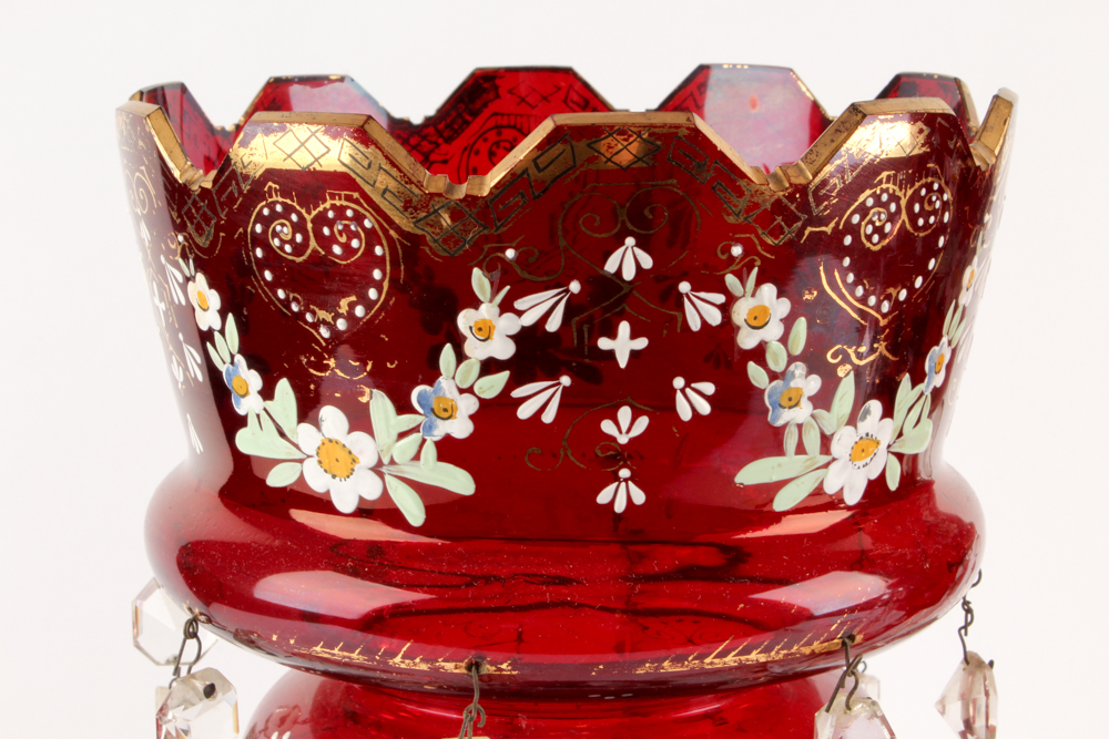 Antique Hand-Painted Bohemian Ruby Glass Mantel Lustres