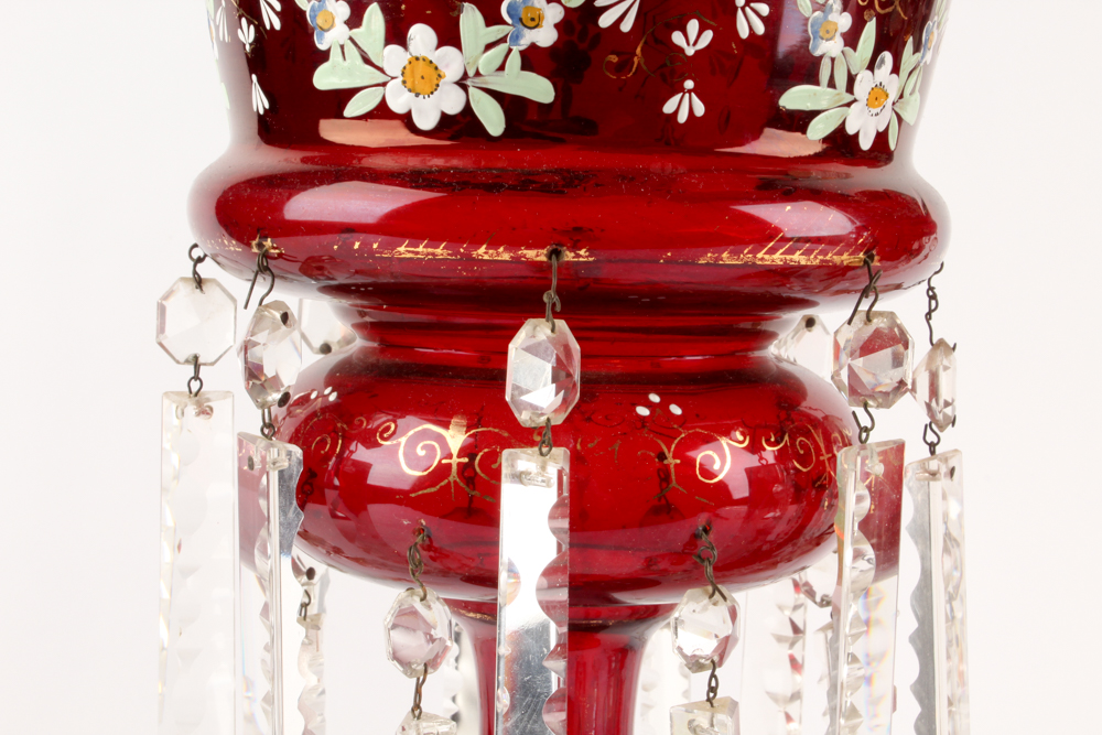 Antique Hand-Painted Bohemian Ruby Glass Mantel Lustres
