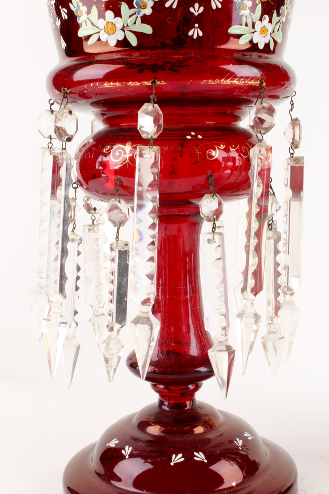 Antique Hand-Painted Bohemian Ruby Glass Mantel Lustres