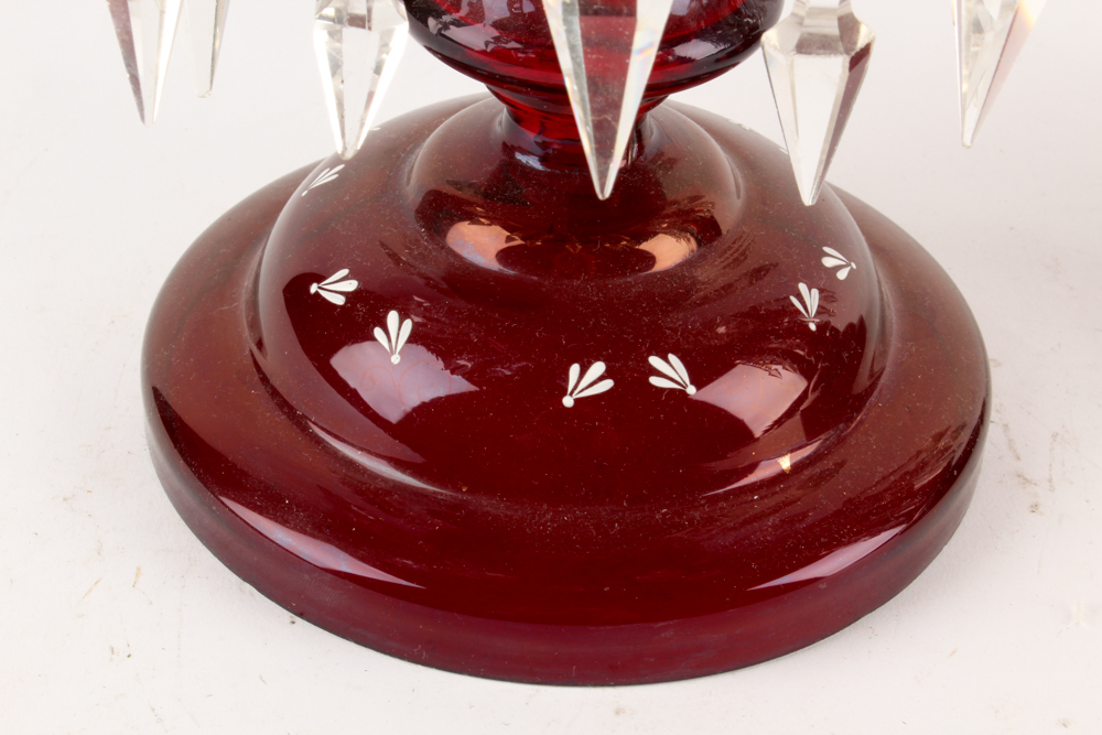 Antique Hand-Painted Bohemian Ruby Glass Mantel Lustres