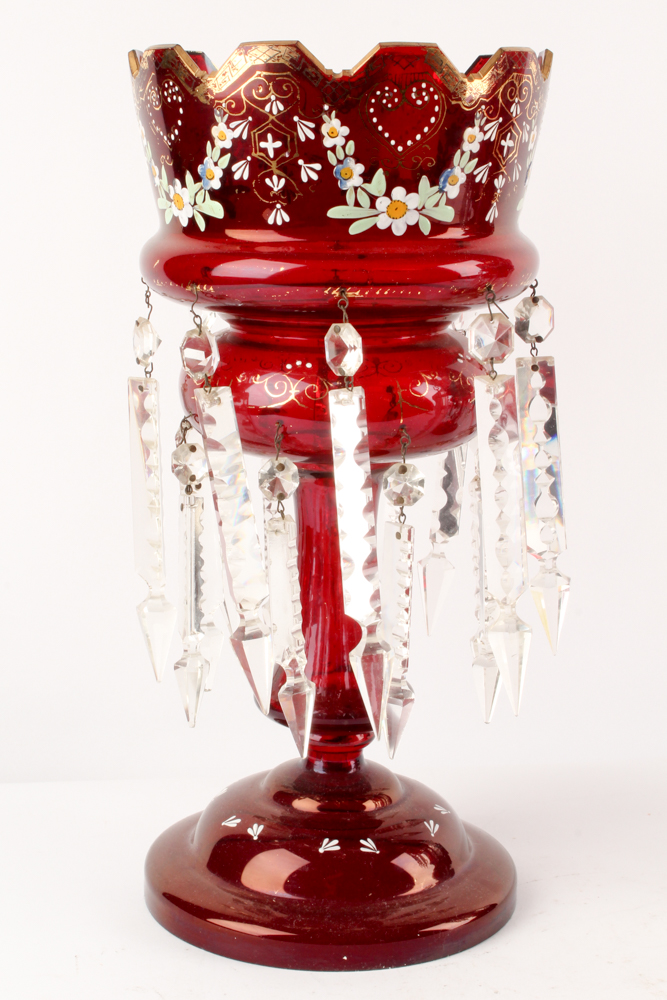 Antique Hand-Painted Bohemian Ruby Glass Mantel Lustres