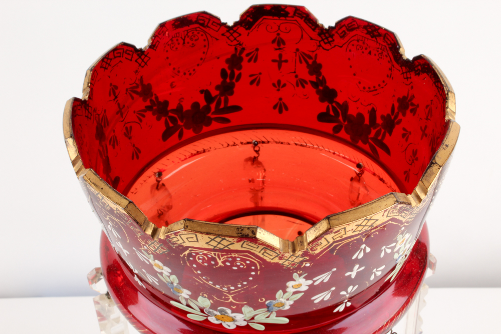 Antique Hand-Painted Bohemian Ruby Glass Mantel Lustres