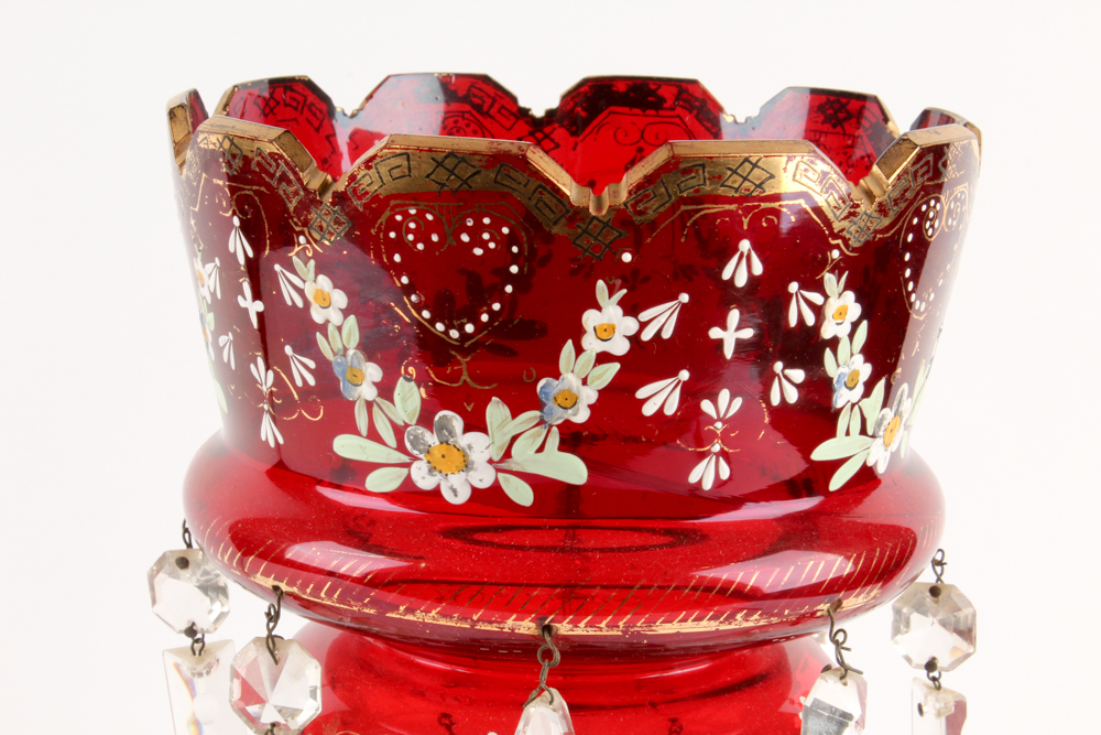 Antique Hand-Painted Bohemian Ruby Glass Mantel Lustres