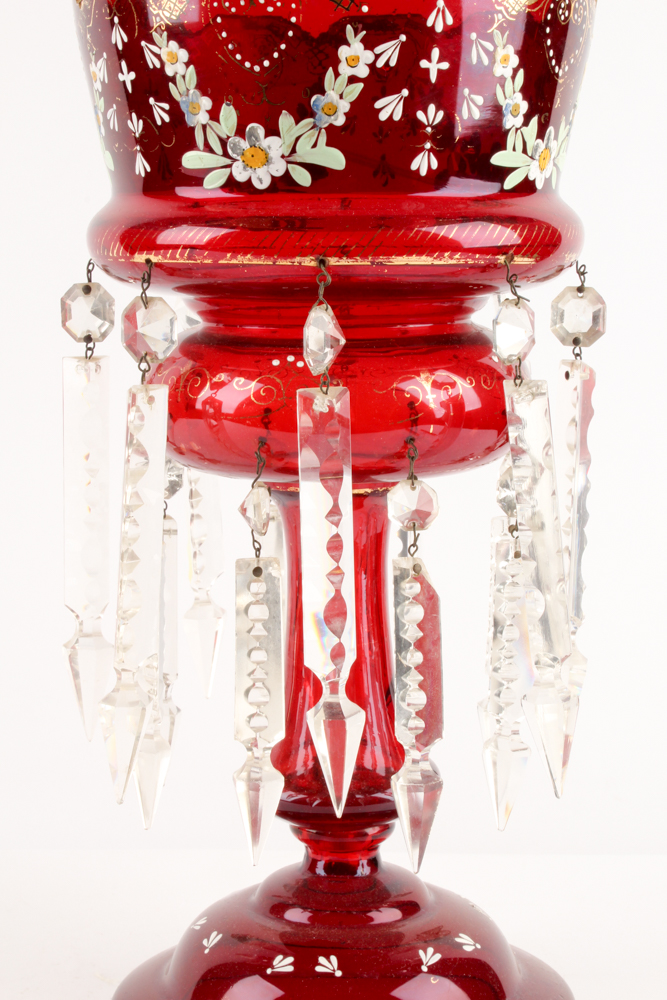 Antique Hand-Painted Bohemian Ruby Glass Mantel Lustres