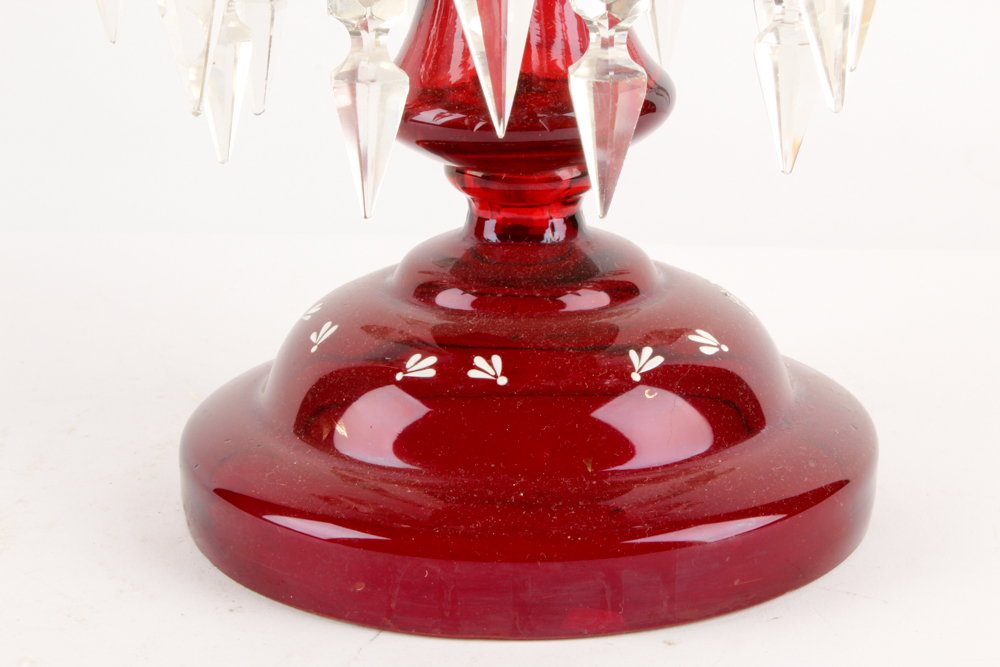 Antique Hand-Painted Bohemian Ruby Glass Mantel Lustres