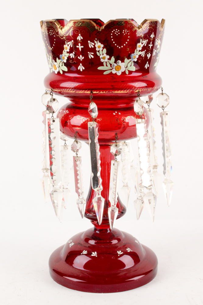 Antique Hand-Painted Bohemian Ruby Glass Mantel Lustres