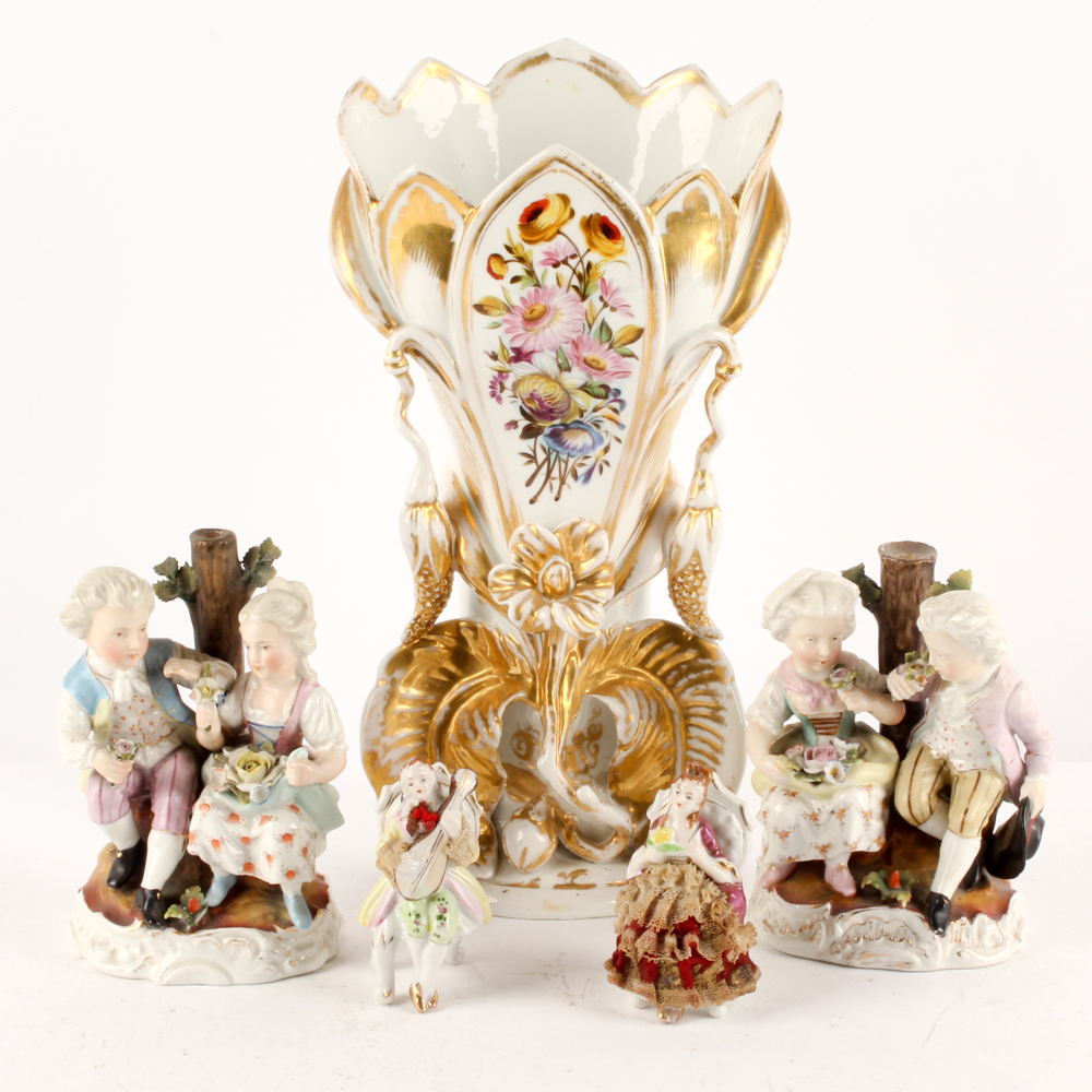 Porcelain Figurines Featuring Antique Sitzendorf and Old Paris Style Vase