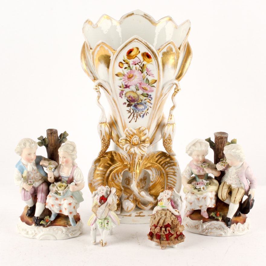 Porcelain Figurines Featuring Antique Sitzendorf and Old Paris Style Vase