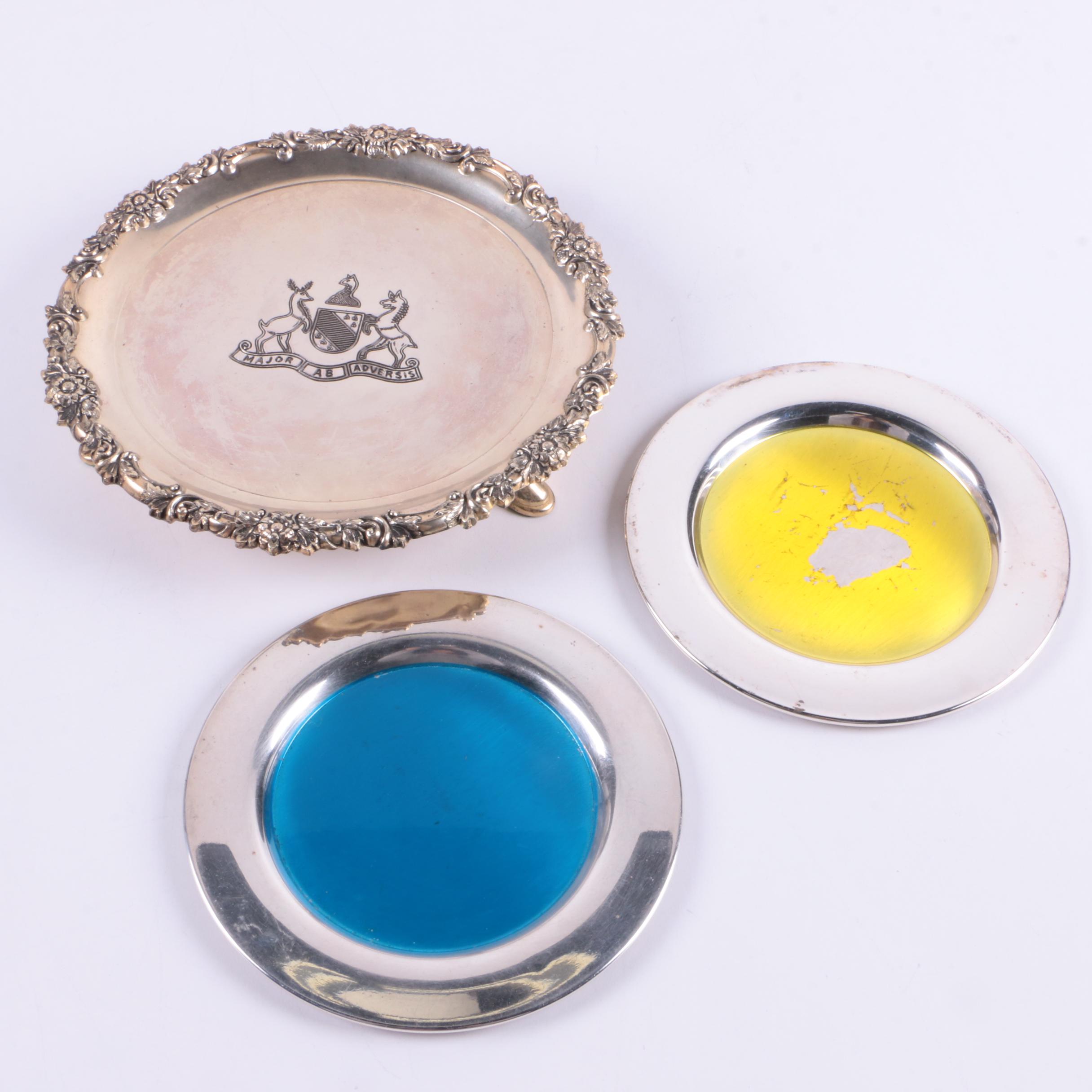 Wm. A. Rogers Enameled Silver Plates with Scroll-and-Flower Rimmed Tray