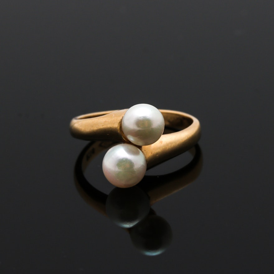 14K Yellow Gold Cultured Pearl Bypass Ring