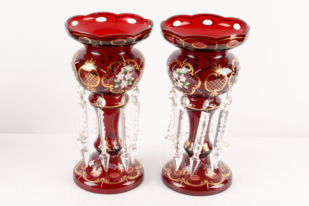 Antique Hand-Painted Bohemian Glass Mantel Lusters