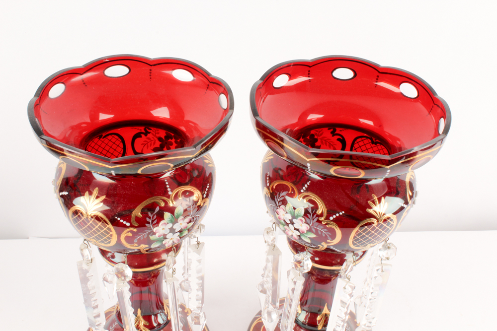 Antique Hand-Painted Bohemian Glass Mantel Lusters