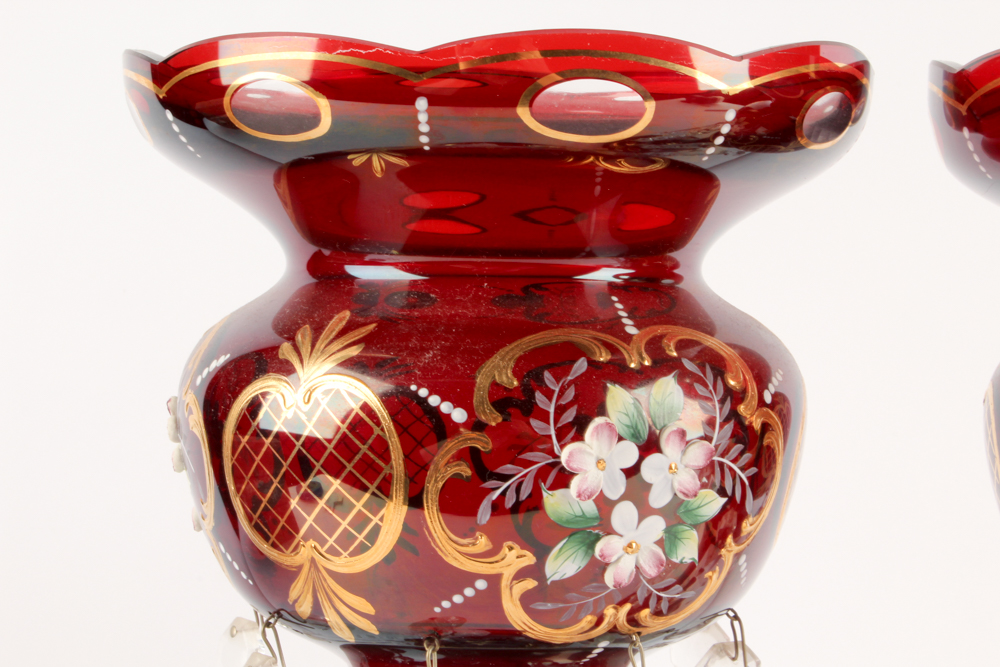 Antique Hand-Painted Bohemian Glass Mantel Lusters