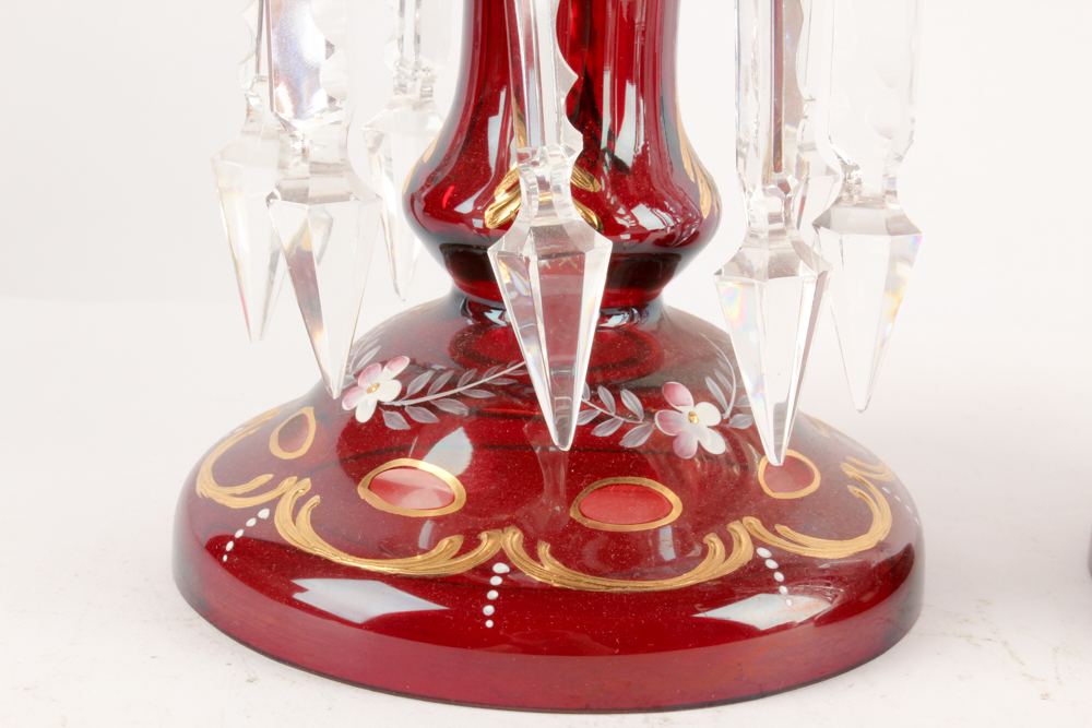 Antique Hand-Painted Bohemian Glass Mantel Lusters