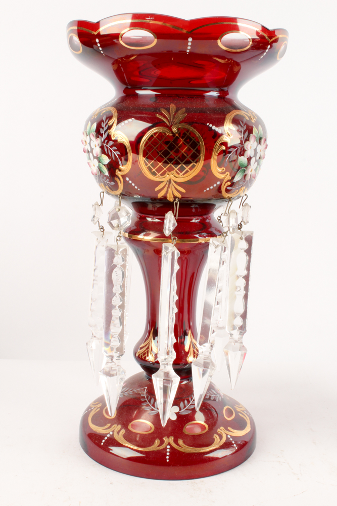 Antique Hand-Painted Bohemian Glass Mantel Lusters